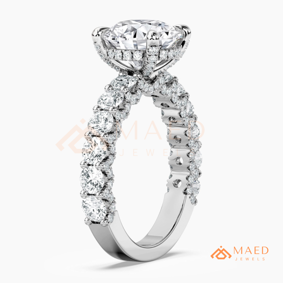 Round Brilliant Cut Engagement Ring with Shared Prong Band | 14k Gold, Rose Gold & Silver