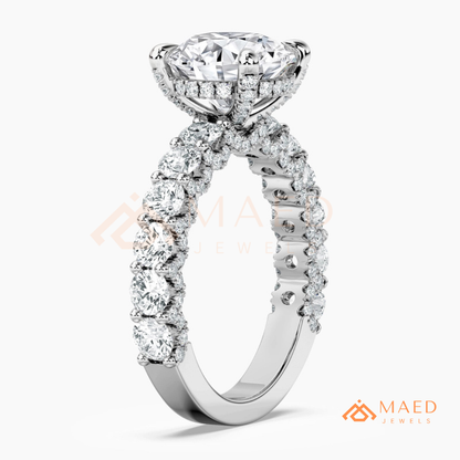 Round Brilliant Cut Engagement Ring with Shared Prong Band | 14k Gold, Rose Gold & Silver