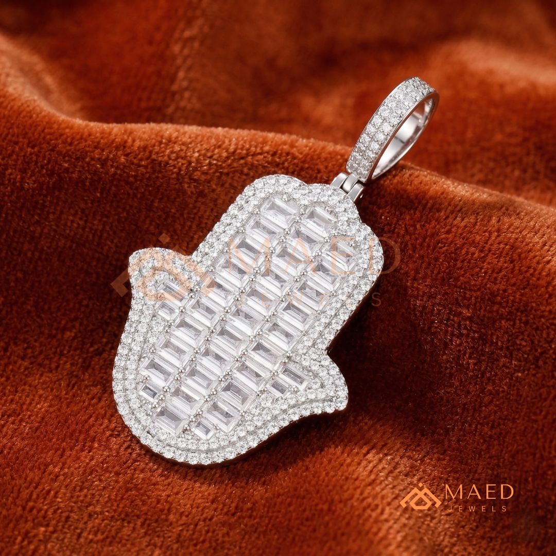 Iced Out Emerald Cut Hamsa Pendant | Sterling Silver, 14K Gold & Rose Gold