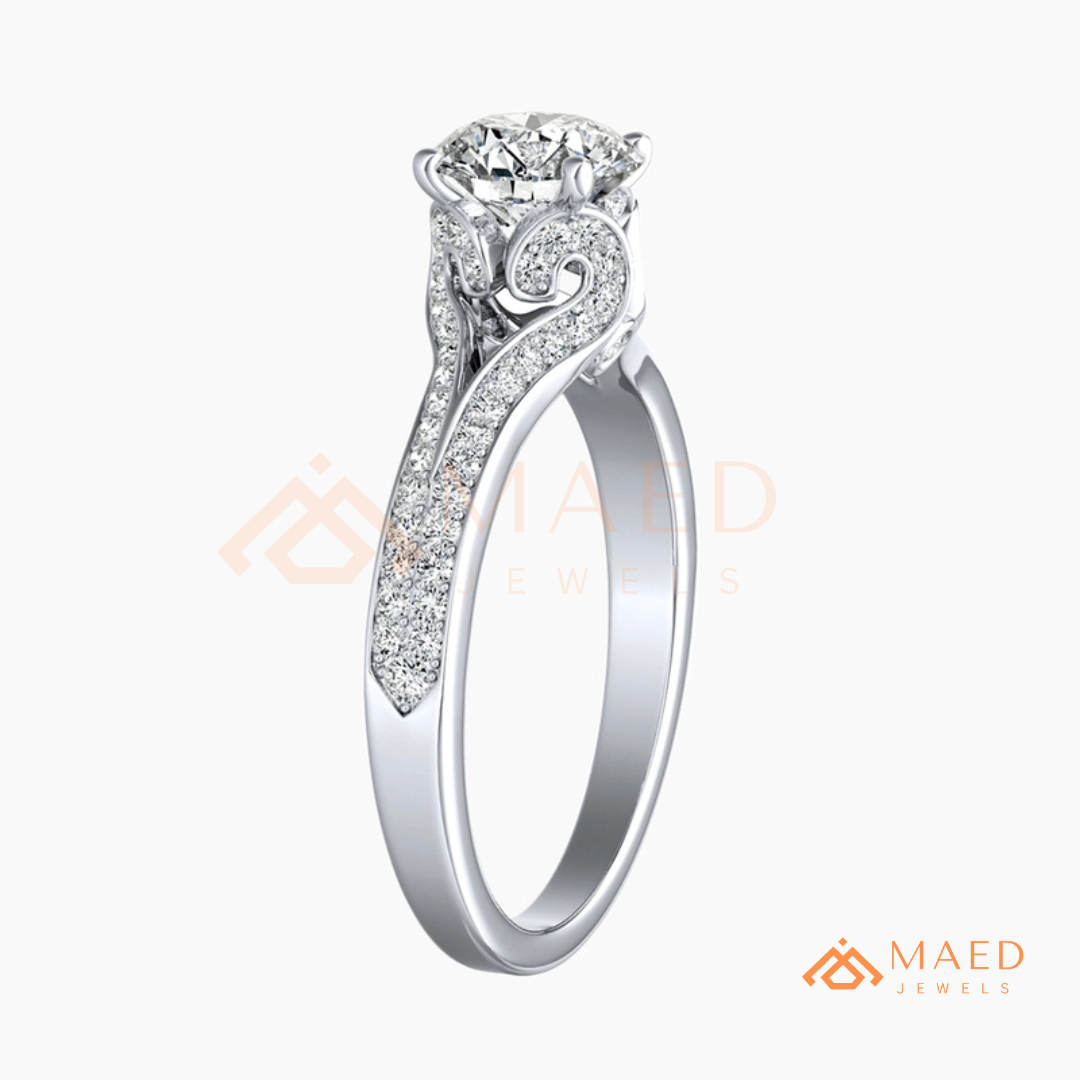 Round Brilliant Cut Split Shank Cathedral Engagement Ring in 14K Gold, Rose Gold & Silver | Vintage-Inspired Pave Accent Ring for Women