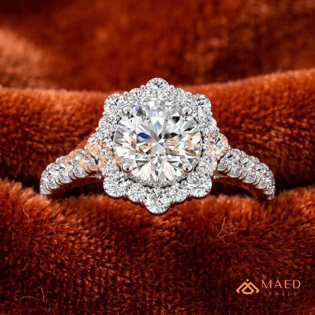 Round-Cut Halo Engagement Ring with Marquise-Accented Side Stones