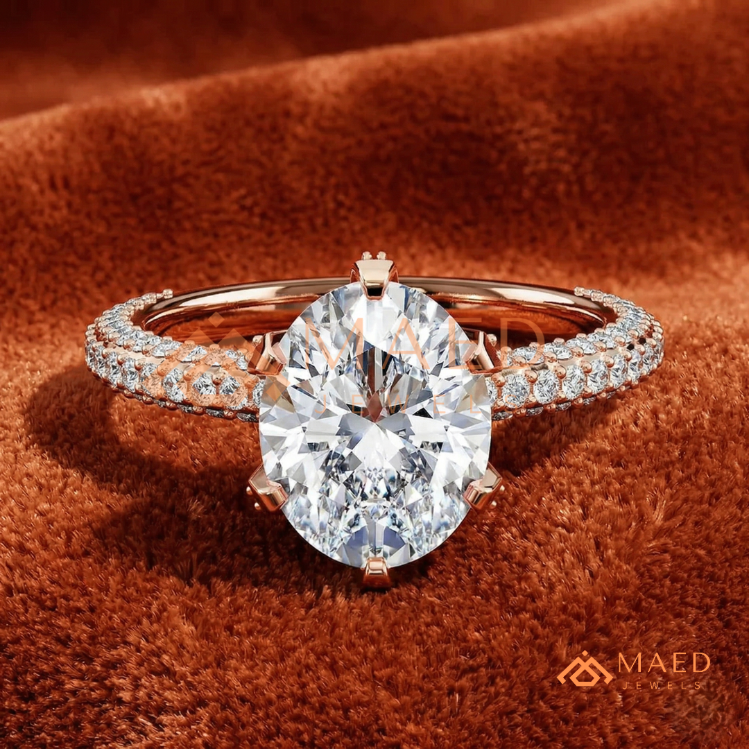 Oval Cut Engagement Ring | Triple Row Micro Pave Band in 14K Gold & Sterling Silver