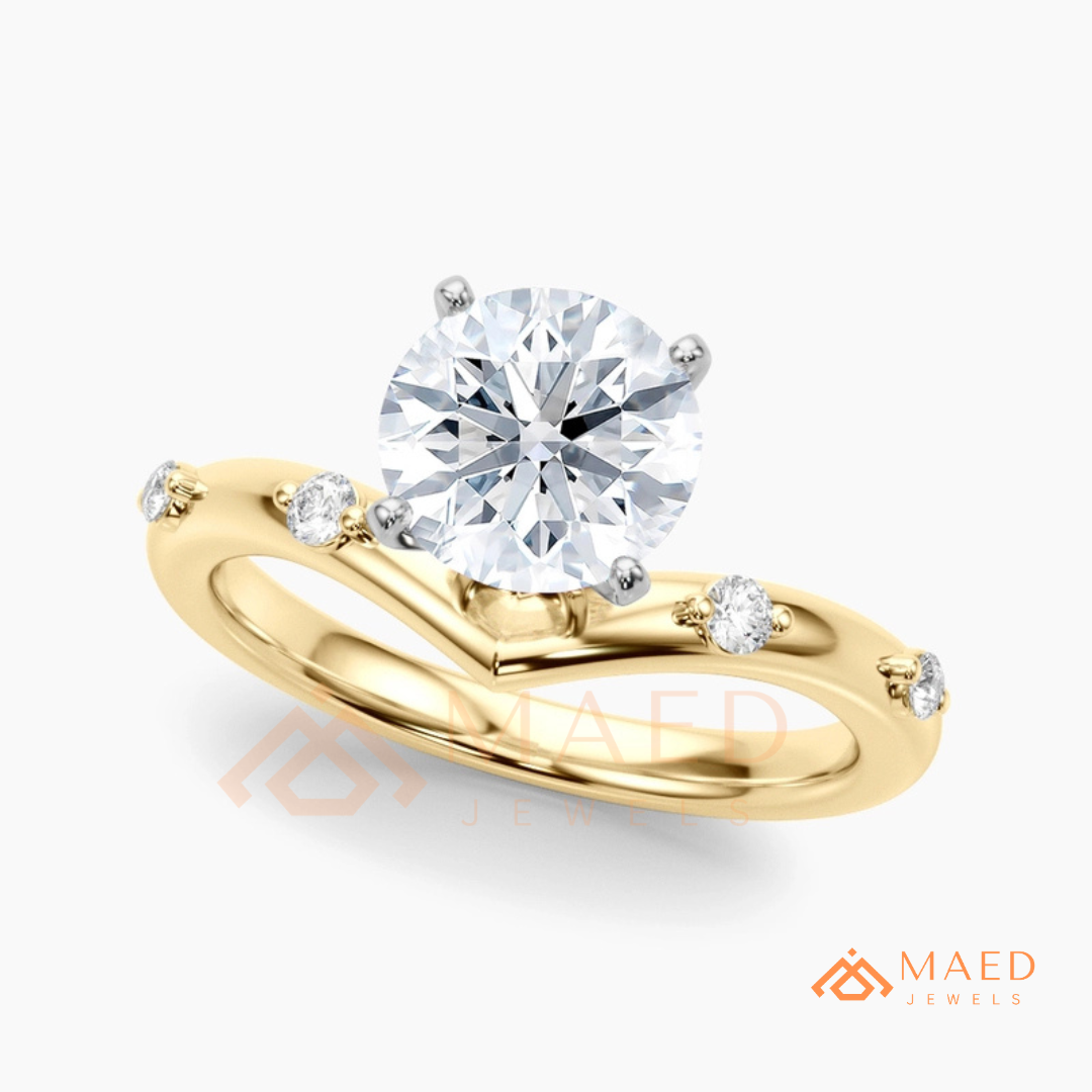 Round Cut Chevron Engagement Ring in Sterling Silver, 14K Gold & 14K Rose Gold