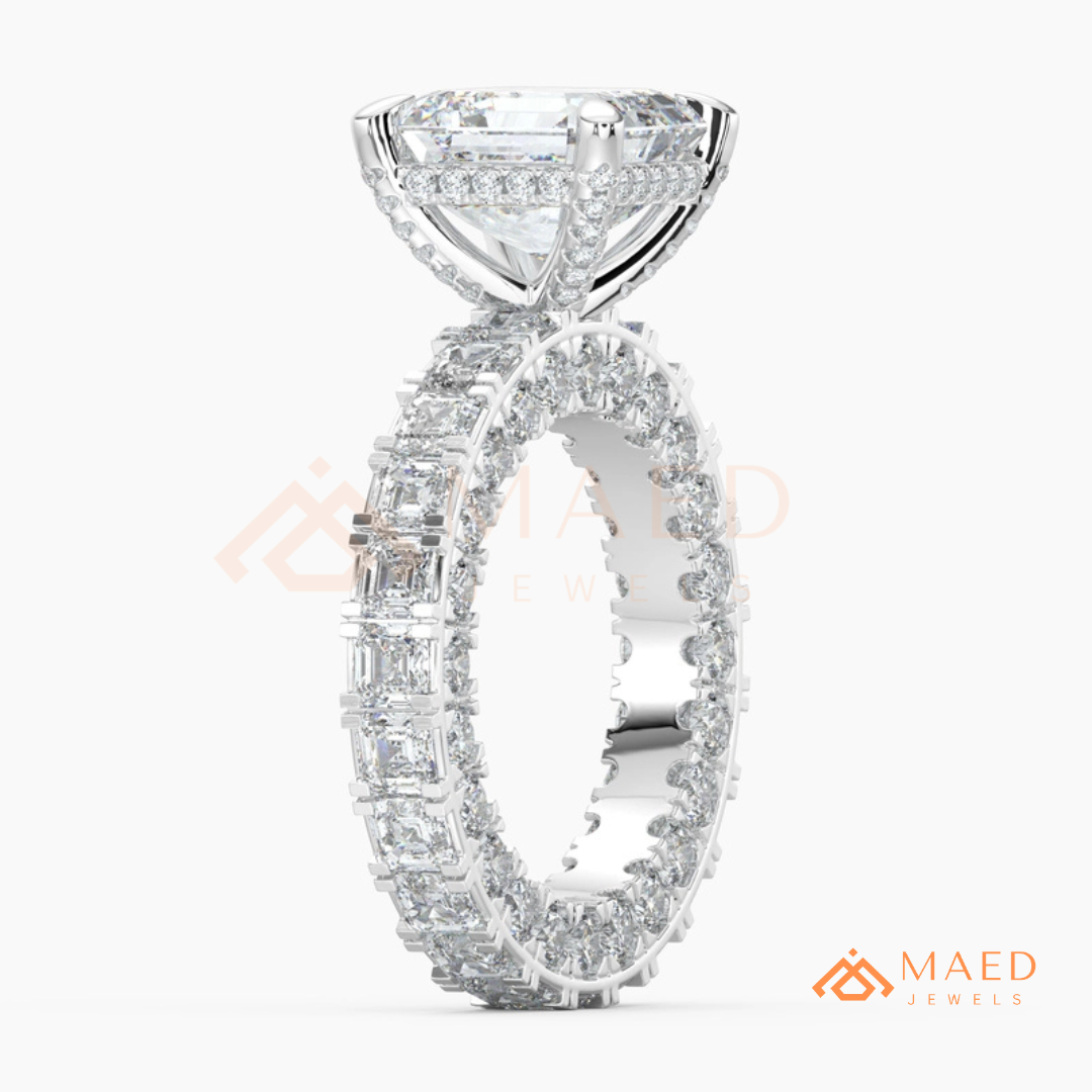 Classic Asscher Cut Solitaire Engagement Ring with Eternity Band Shank in Silver, 14K Gold & Rose Gold
