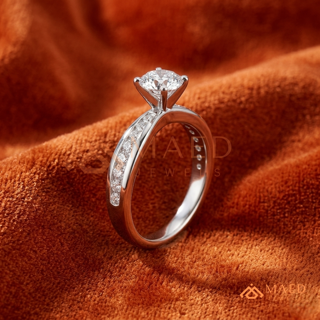 Round Brilliant Solitaire Engagement Ring with Channel Set Band – Sterling Silver, 14K Gold, or 14K Rose Gold