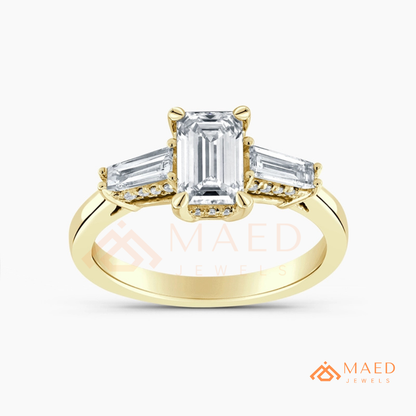Emerald Cut Three-Stone Engagement Ring with Tapered Baguettes in Silver, 14K Gold, & 14K Rose Gold