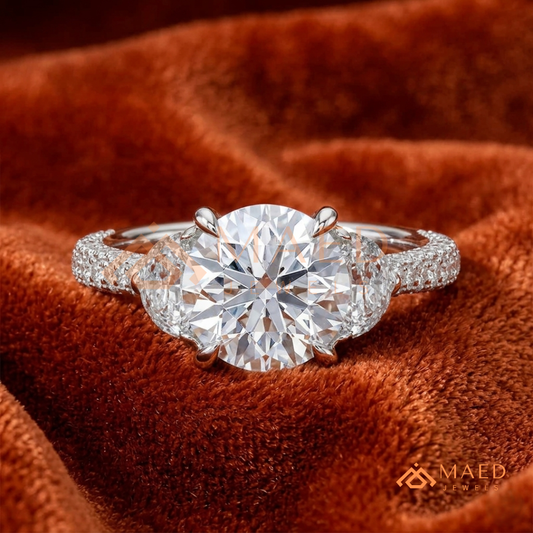 Round Brilliant and Half Moon Three Stone Ring | Multi-Row Pavé Band in 14k Gold & Silver