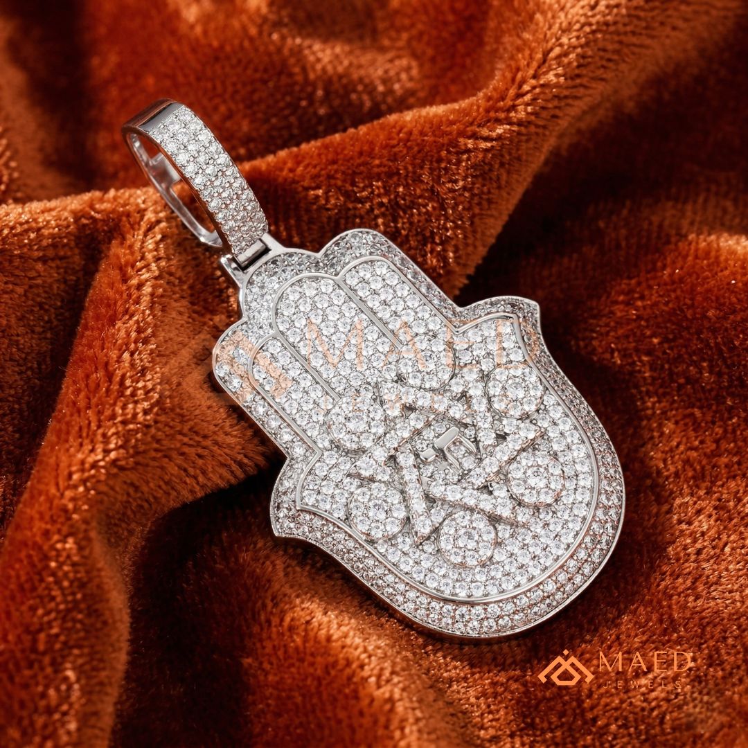 Iced Out Hamsa & Star of David Pendant with Chai Symbol - Sterling Silver, 14K Gold & Rose Gold