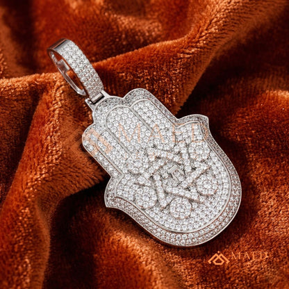 Iced Out Hamsa & Star of David Pendant with Chai Symbol - Sterling Silver, 14K Gold & Rose Gold