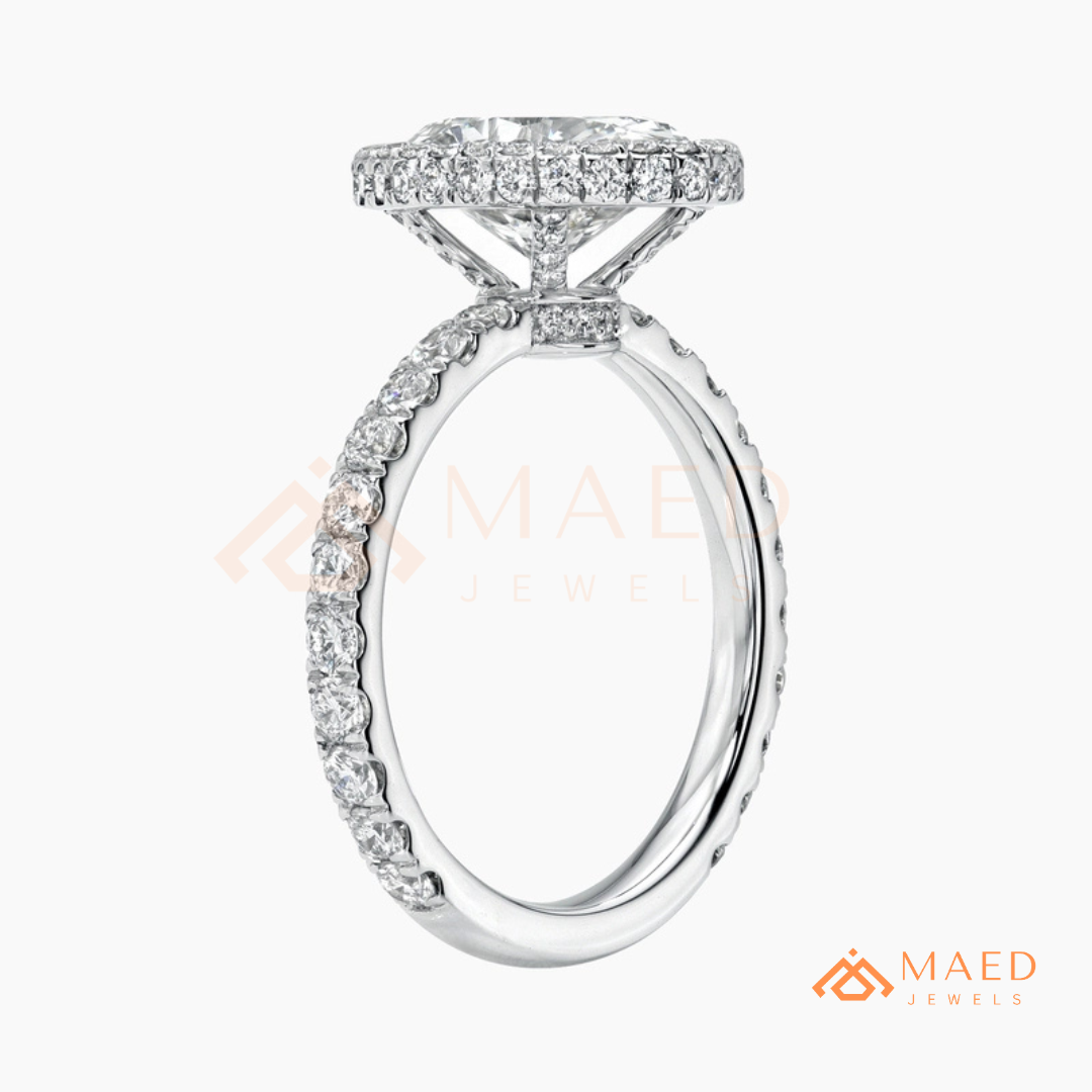 Oval Cut Halo Engagement Ring with Pavé Band in Silver, 14K Gold, & 14K Rose Gold