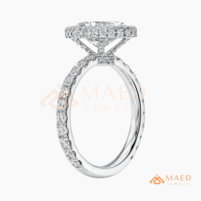 Oval Cut Halo Engagement Ring with Pavé Band in Silver, 14K Gold, & 14K Rose Gold