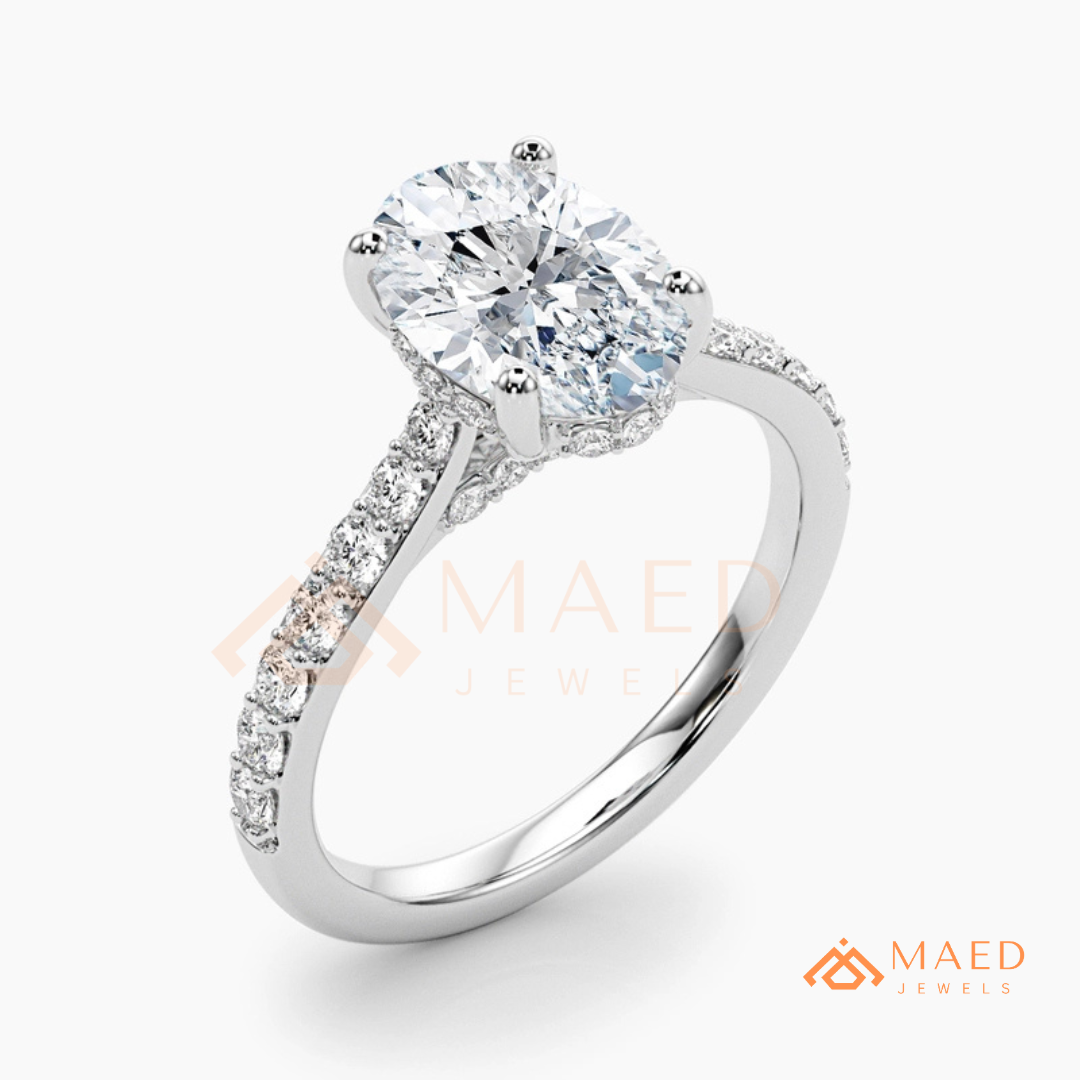 Oval Cut Moissanite Engagement Ring | 14K Gold, Rose Gold & Silver Pave Band