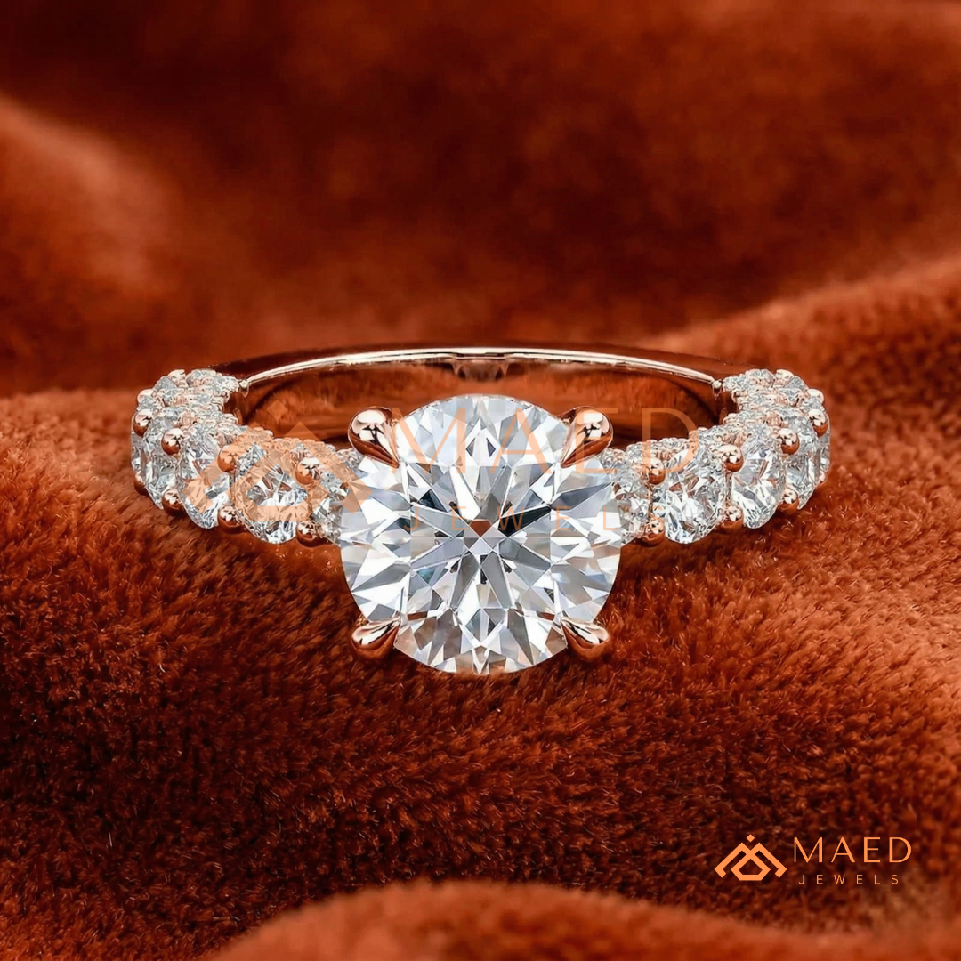 Round Brilliant Cut Engagement Ring with Shared Prong Band | 14k Gold, Rose Gold & Silver