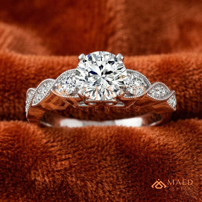 Vintage-Inspired Three-Stone Engagement Ring with Milgrain Twisted Band