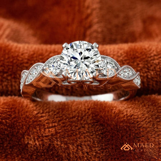 Vintage-Inspired Three-Stone Engagement Ring with Milgrain Twisted Band