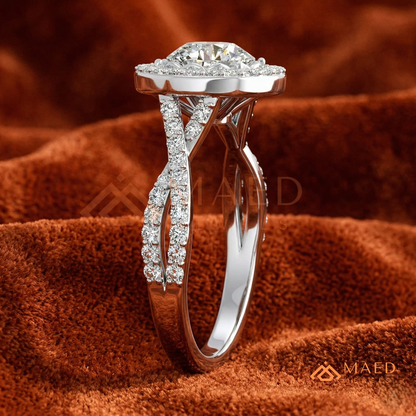 Round Halo Engagement Ring with Twisted Pavé Band – Sterling Silver, 14K Gold, or 14K Rose Gold