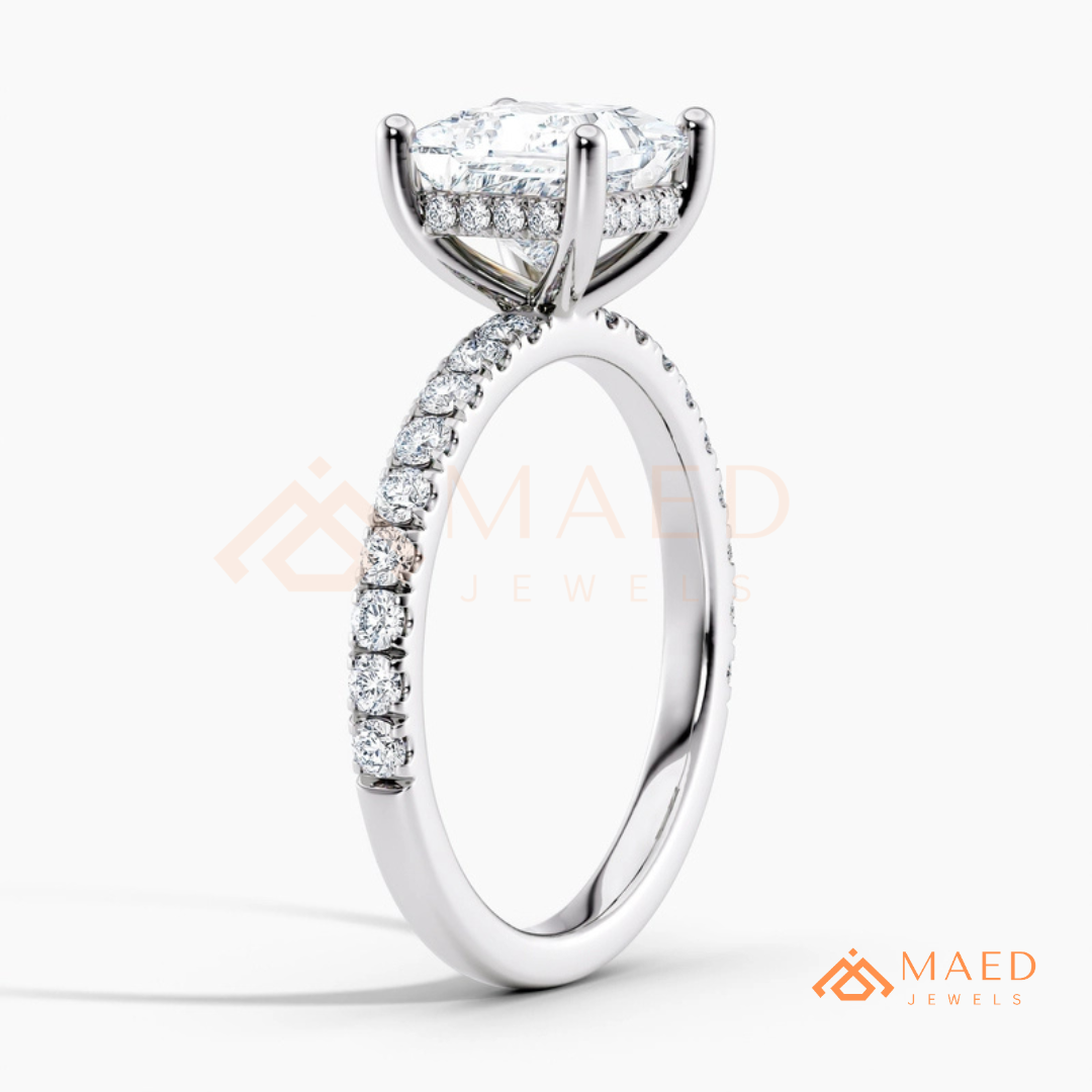 Classic Princess Cut Solitaire Engagement Ring with Hidden Halo and Pave Band in Silver, 14K Gold & Rose Gold