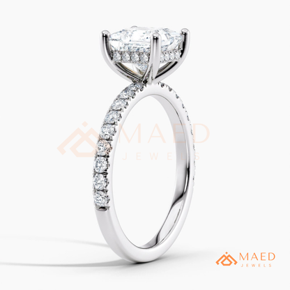 Classic Princess Cut Solitaire Engagement Ring with Hidden Halo and Pave Band in Silver, 14K Gold & Rose Gold