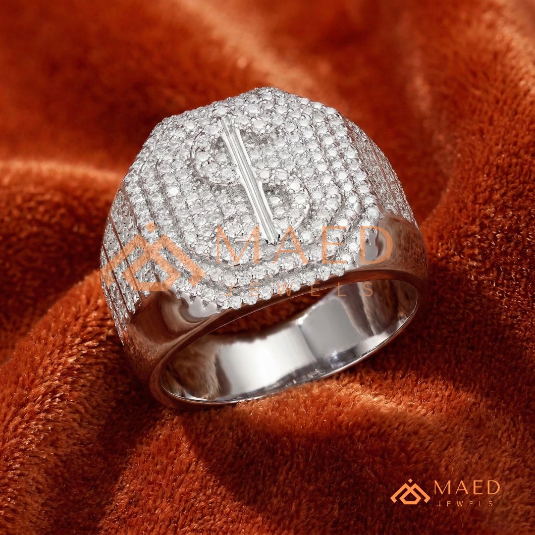 Men's Iced-Out Dollar Sign Signet Ring | Sterling Silver, 14K Gold & Rose Gold