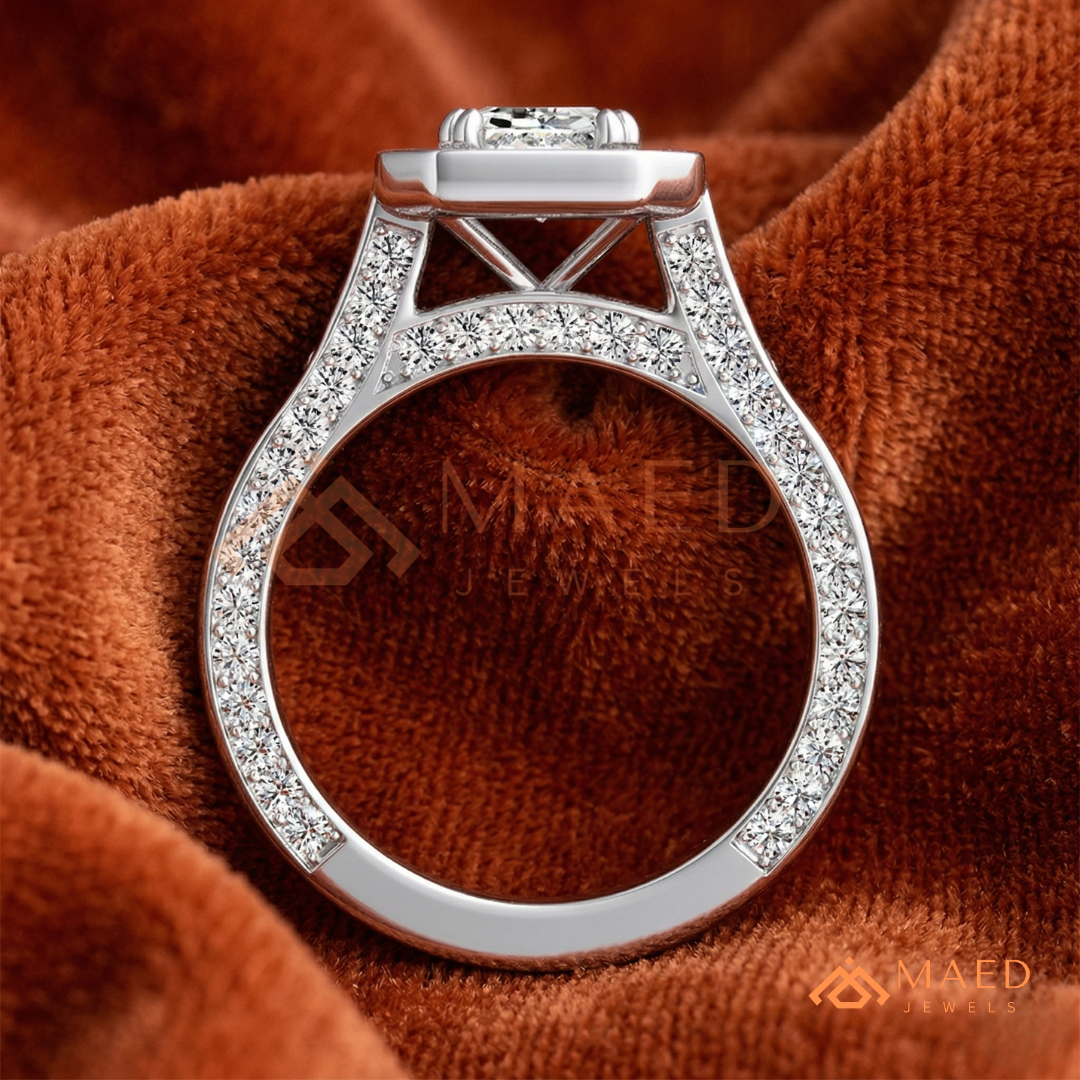 Art Deco Emerald Cut [Gemstone Type] Bezel Halo Ring in 14K Yellow Gold, Rose Gold & Silver