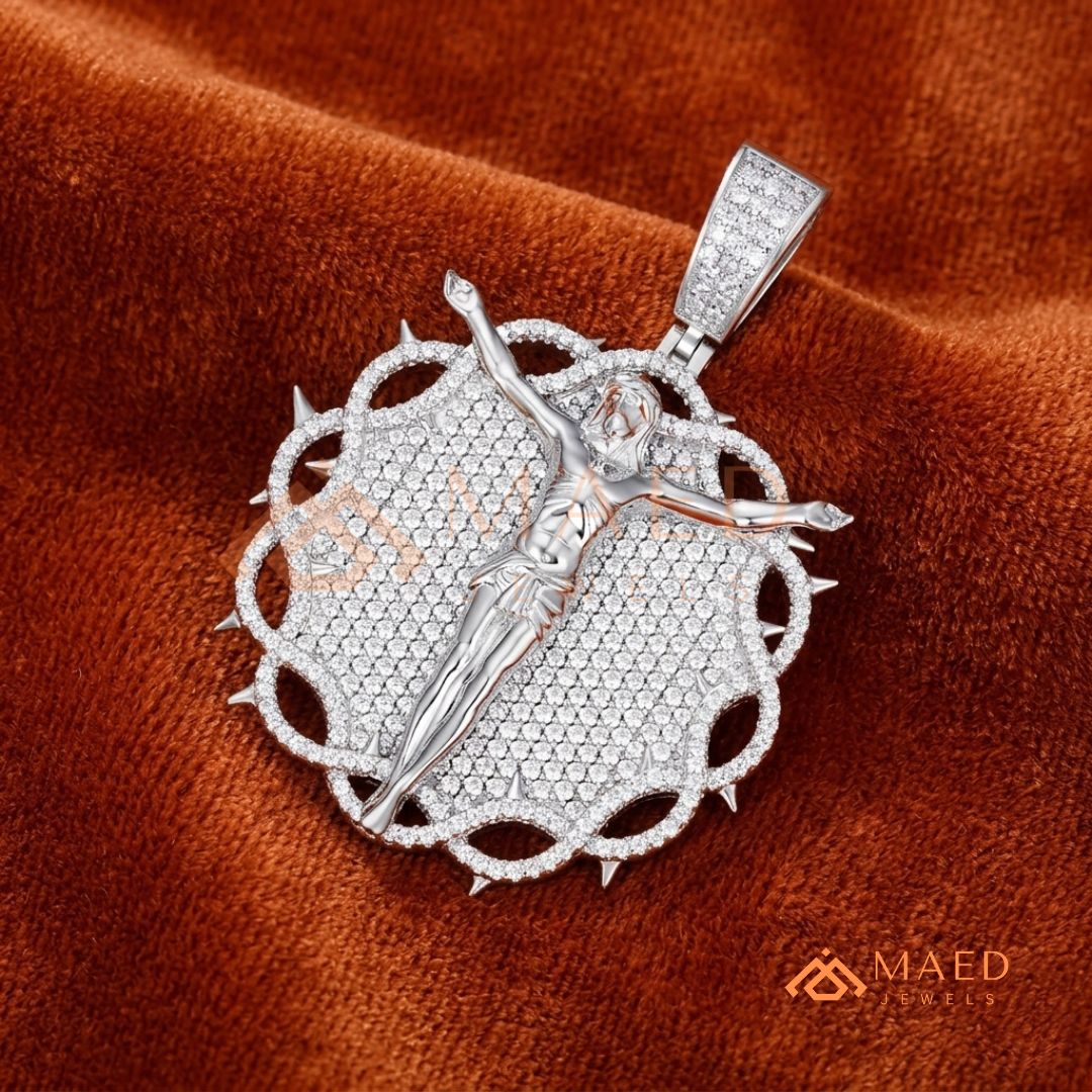 Iced Out Crown of Thorns Jesus Piece Pendant - Available in Silver, 14K Gold & 14K Rose Gold
