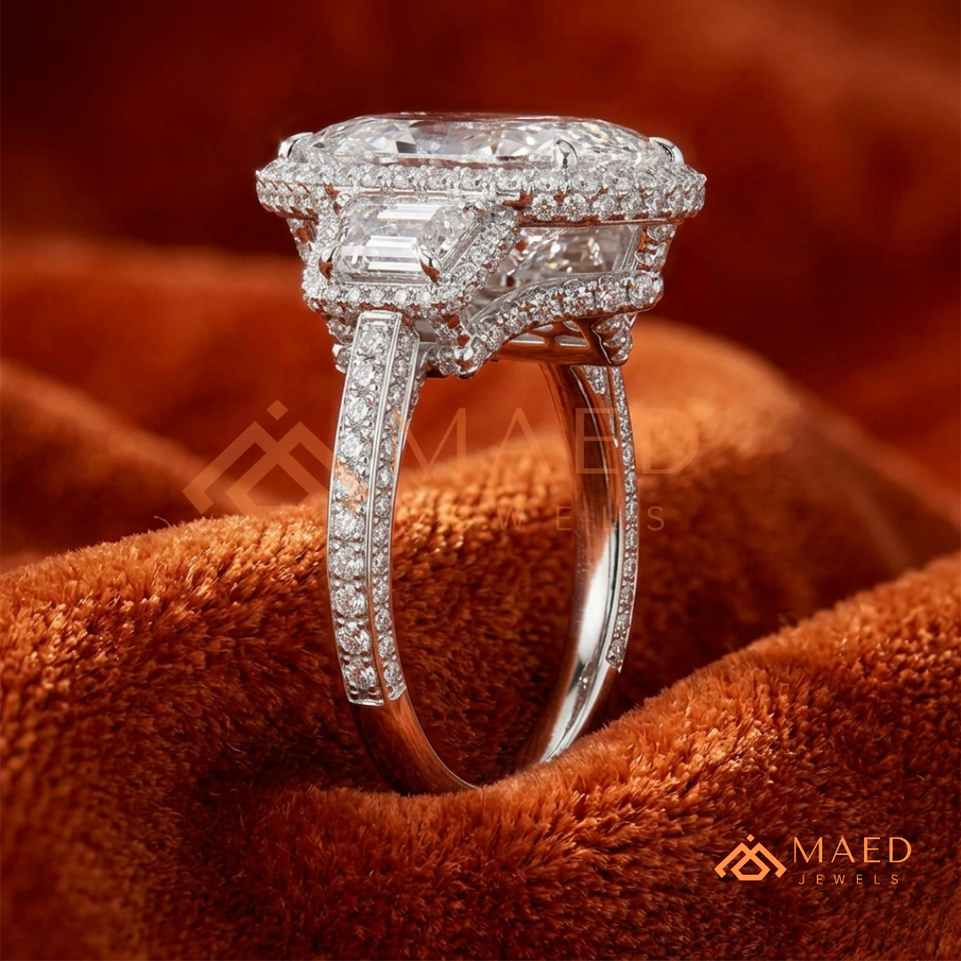 Vintage Marquise Cut 3-Stone Halo Ring with Triple-Row Pavé Band