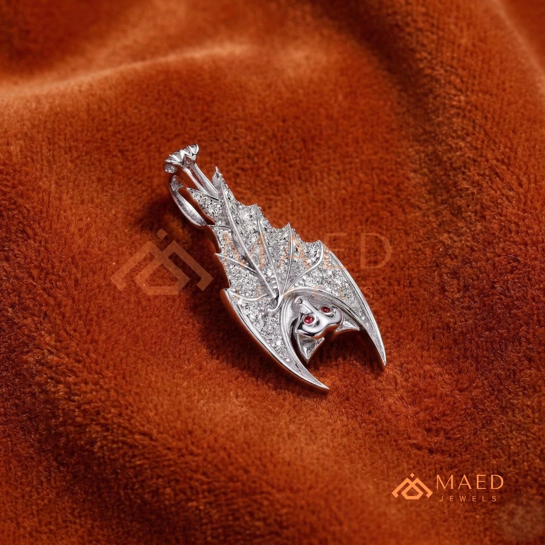 Vampire Bat Diamond Cluster Statement Charm – Red Eye Halloween Pendant