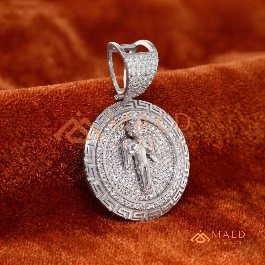 925 Sterling Silver Micro Pave Angel Medallion Pendant with Greek Key Border