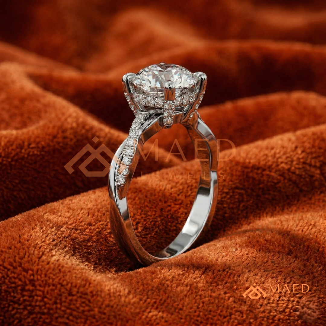 Round Cut Engagement Ring with Twisted Pavé Band in Silver, 14K Gold, & 14K Rose Gold