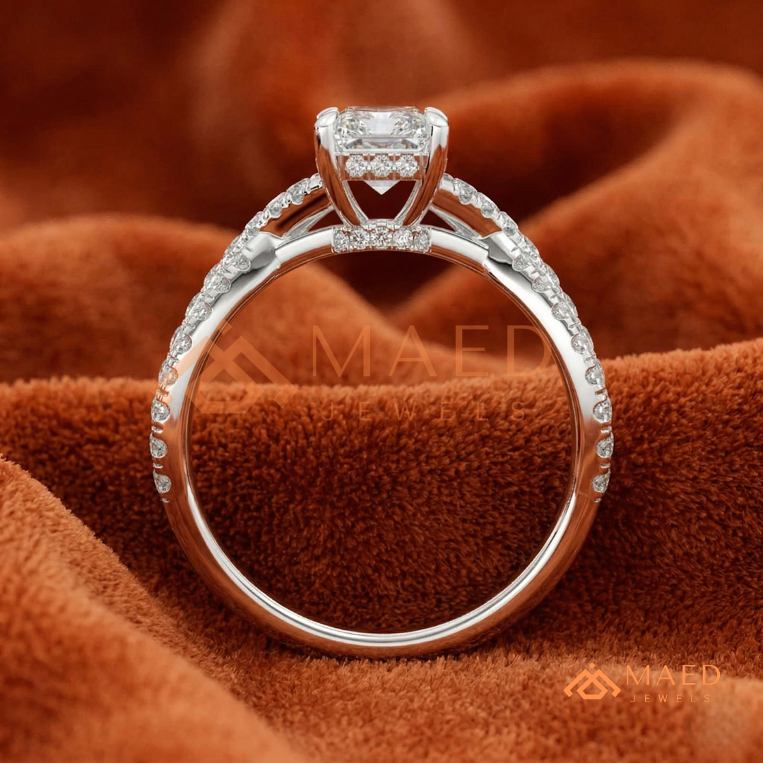 Nature-Inspired Radiant Cut Three-Stone Engagement Ring with Thorn Band in Silver, 14K Gold & Rose Gold