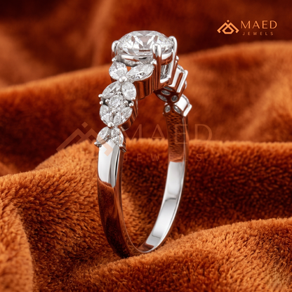 Botanical Marquise Cluster Engagement Ring with Round Center Stone