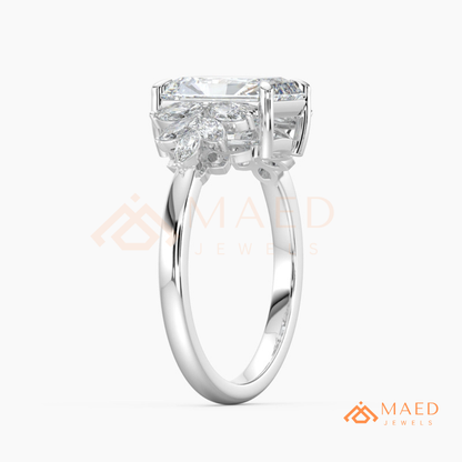 Radiant Cut Engagement Ring with Marquise Diamond Lotus Cluster in 14K Gold, Rose Gold & Silver