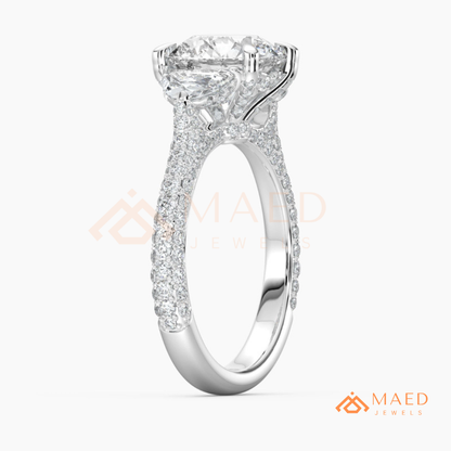 Round Brilliant and Half Moon Three Stone Ring | Multi-Row Pavé Band in 14k Gold & Silver