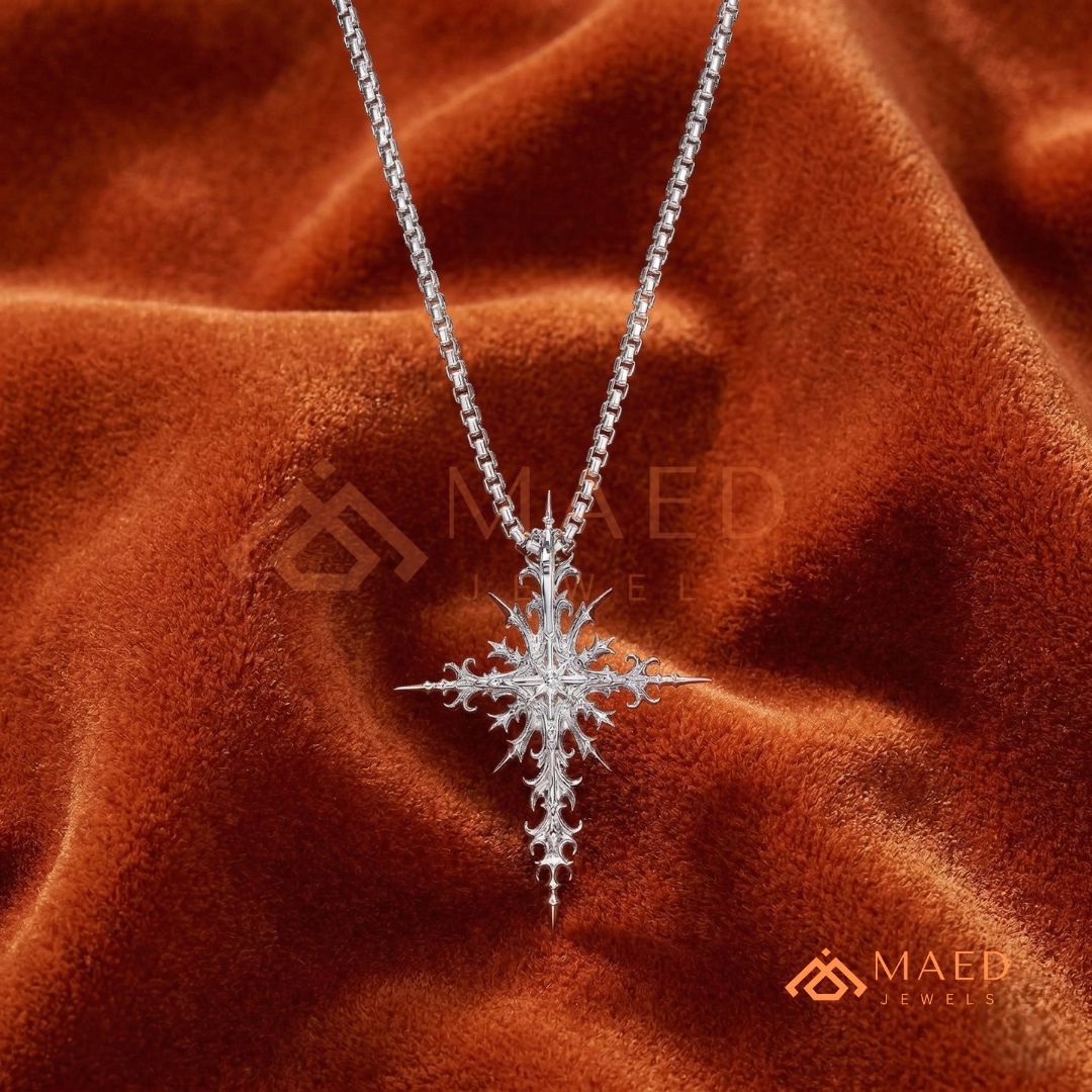 Gothic Starburst Cross Pendant – Thorn & Spike Filigree Necklace
