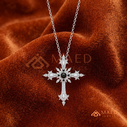 Gothic Onyx & Mother of Pearl Cross Pendant – Vintage Starburst Necklace