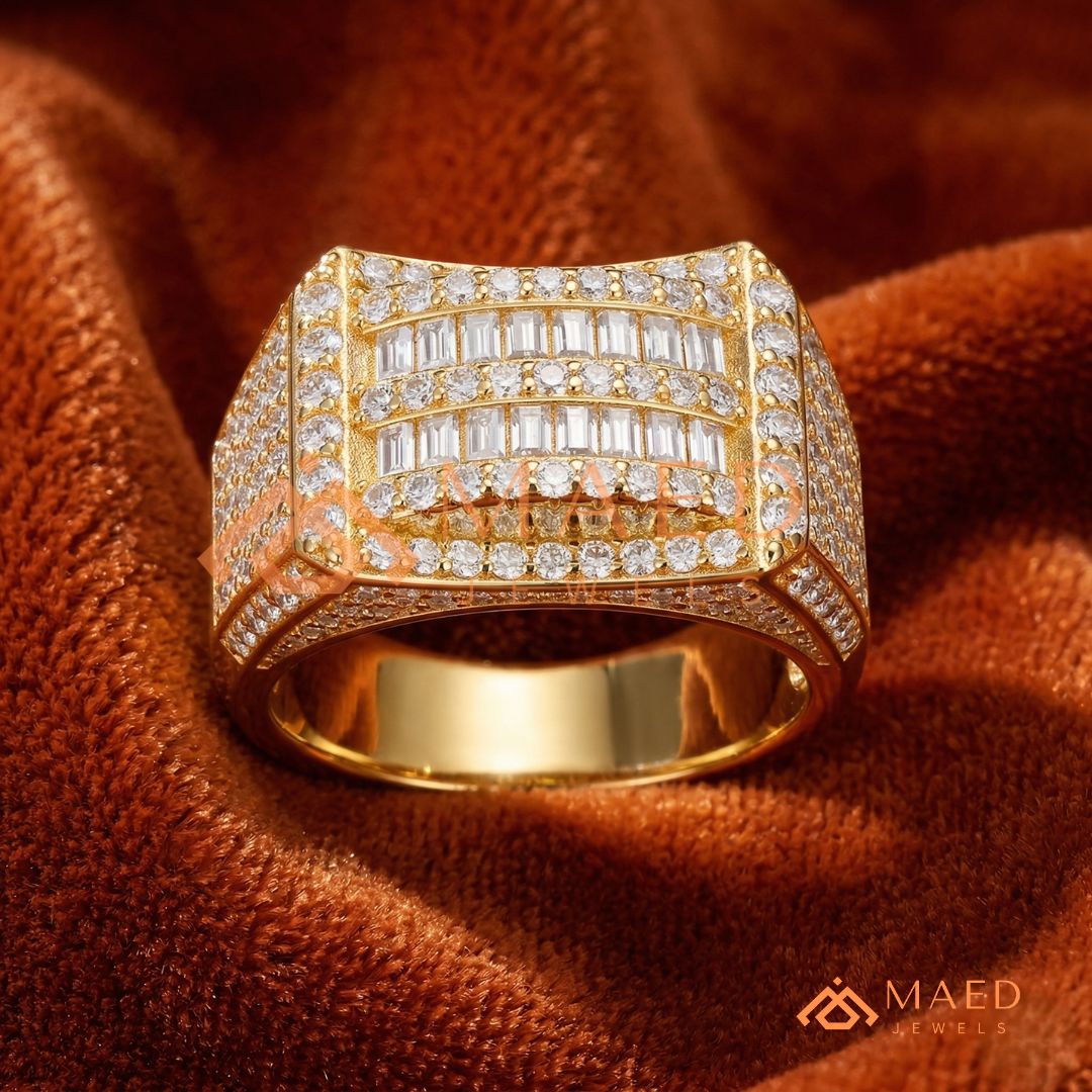 Men's Concave Baguette & Pave Statement Ring | Silver, 14K Gold & Rose Gold