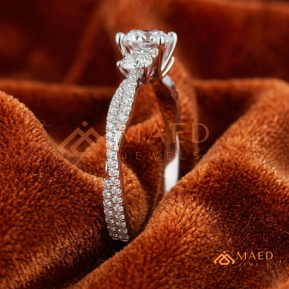 Round Cut 3-Stone Engagement Ring with Twisted Pavé Band in Silver, 14K Gold, & 14K Rose Gold