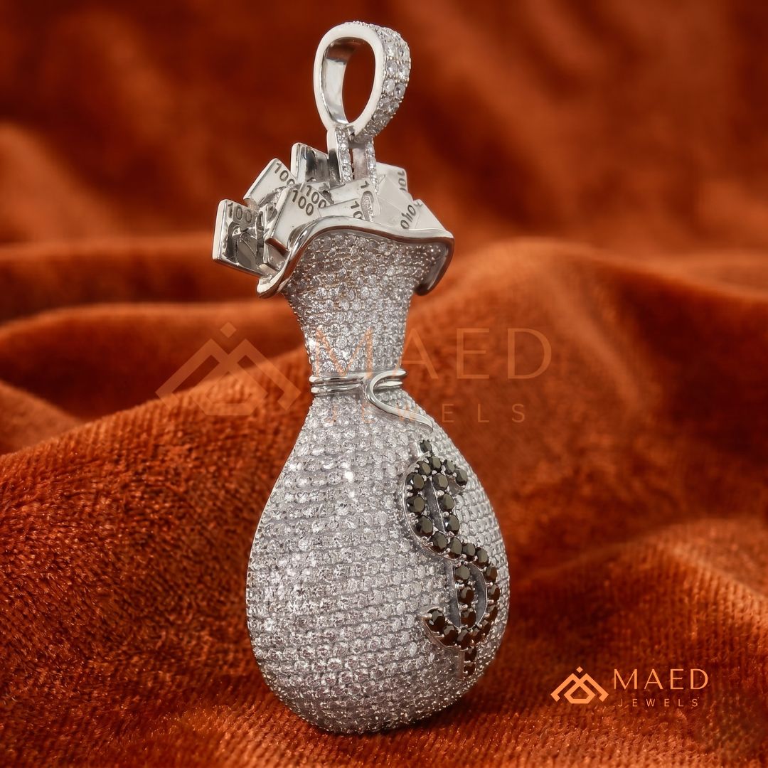 Iced Out Money Bag Pendant with Dollar Sign in Silver, 14K Yellow & Rose Gold