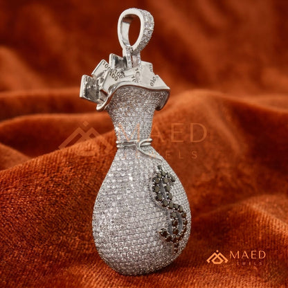 Iced Out Money Bag Pendant with Dollar Sign in Silver, 14K Yellow & Rose Gold
