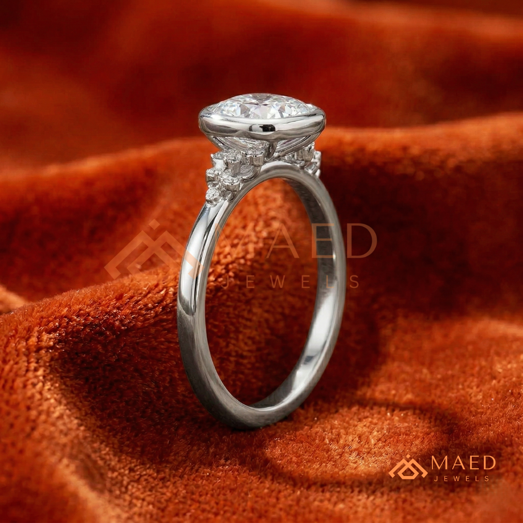 Pear Cut Bezel Set Engagement Ring with Cluster Accent Diamonds in 14K Gold, Rose Gold & Silver