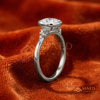 Pear Cut Bezel Set Engagement Ring with Cluster Accent Diamonds in 14K Gold, Rose Gold & Silver