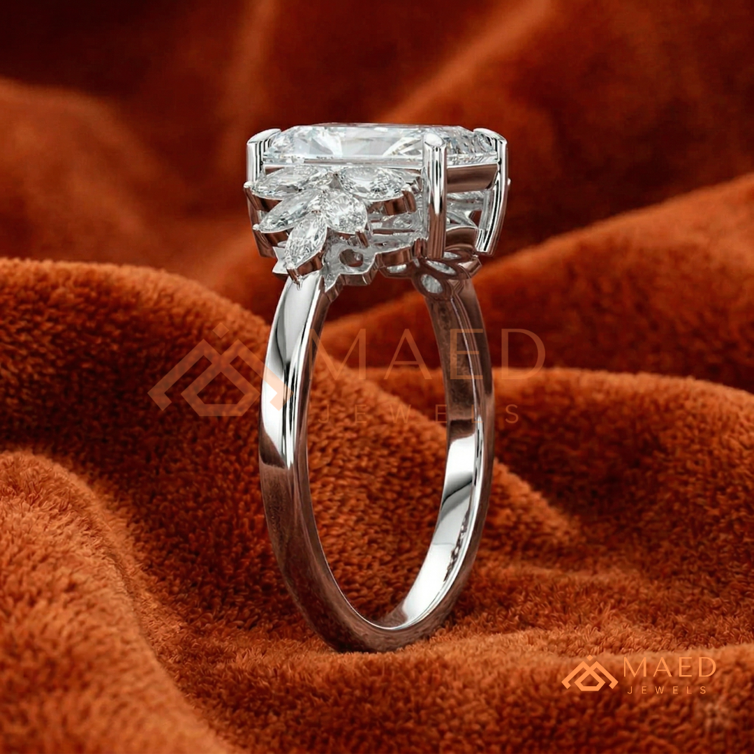 Radiant Cut Engagement Ring with Marquise Diamond Lotus Cluster in 14K Gold, Rose Gold & Silver