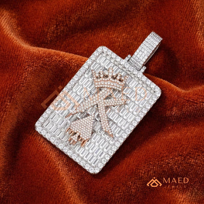 Iced Out King of Spades Dog Tag Pendant – 14K Gold, Rose Gold & Silver Baguette Custom "K" Charm