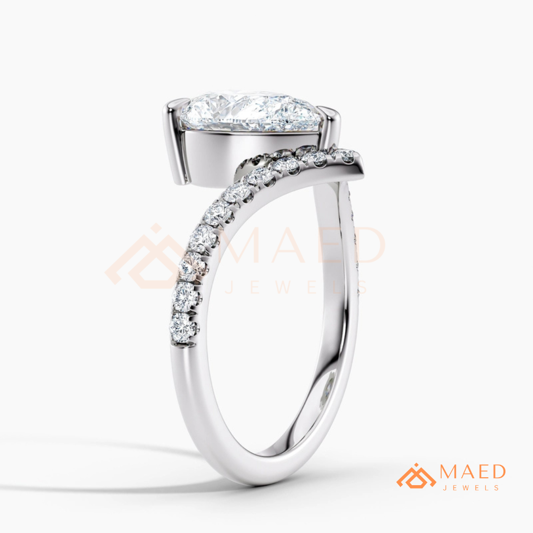 Pear Cut Chevron Engagement Ring with V-Shaped Pavé Band in Silver, 14K Gold, & 14K Rose Gold