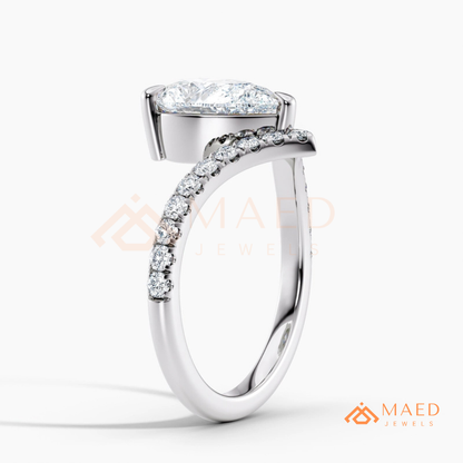 Pear Cut Chevron Engagement Ring with V-Shaped Pavé Band in Silver, 14K Gold, & 14K Rose Gold