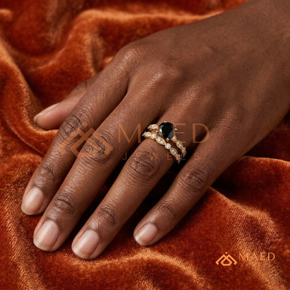 Maeve Round Cut Black Diamond Vintage Style Wedding Ring Set – Silver, 14K Yellow & Rose Gold