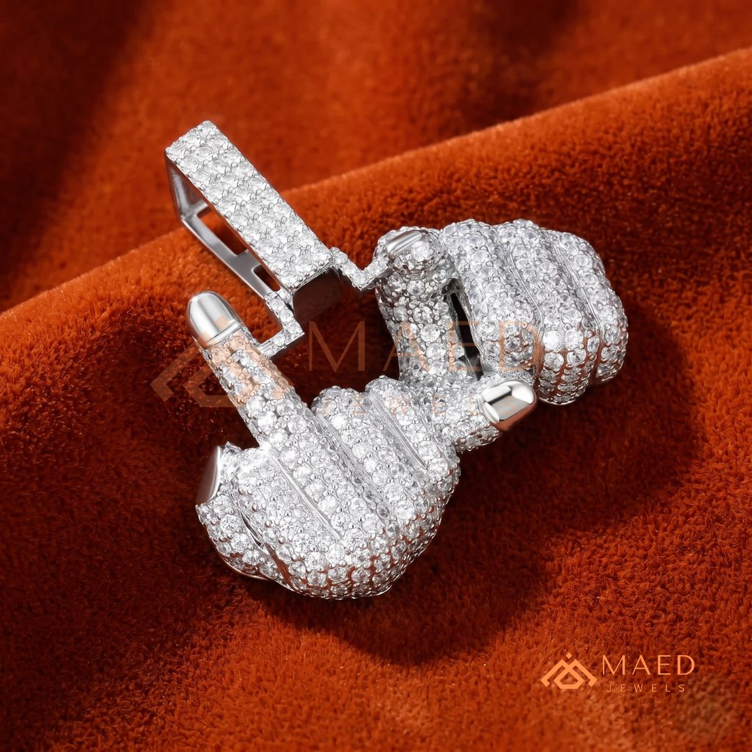 Ice Out Middle Finger Hand Gesture Pendant – Bold Statement Streetwear Jewelry