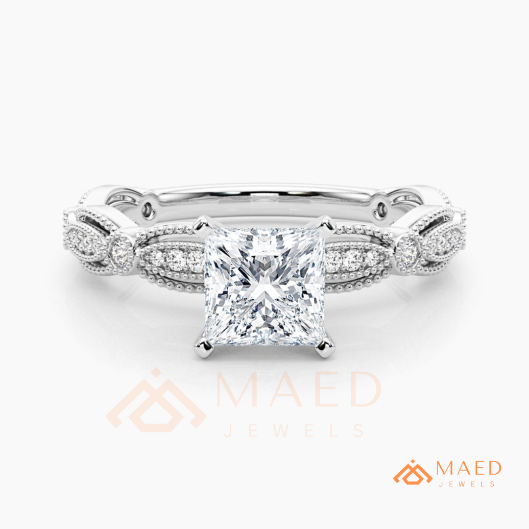 Princess Cut Vintage Engagement Ring in 14K Gold, Rose Gold & Silver | Antique Milgrain Pave Moissanite Ring for Women