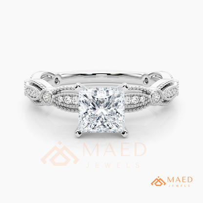 Princess Cut Vintage Engagement Ring in 14K Gold, Rose Gold & Silver | Antique Milgrain Pave Moissanite Ring for Women