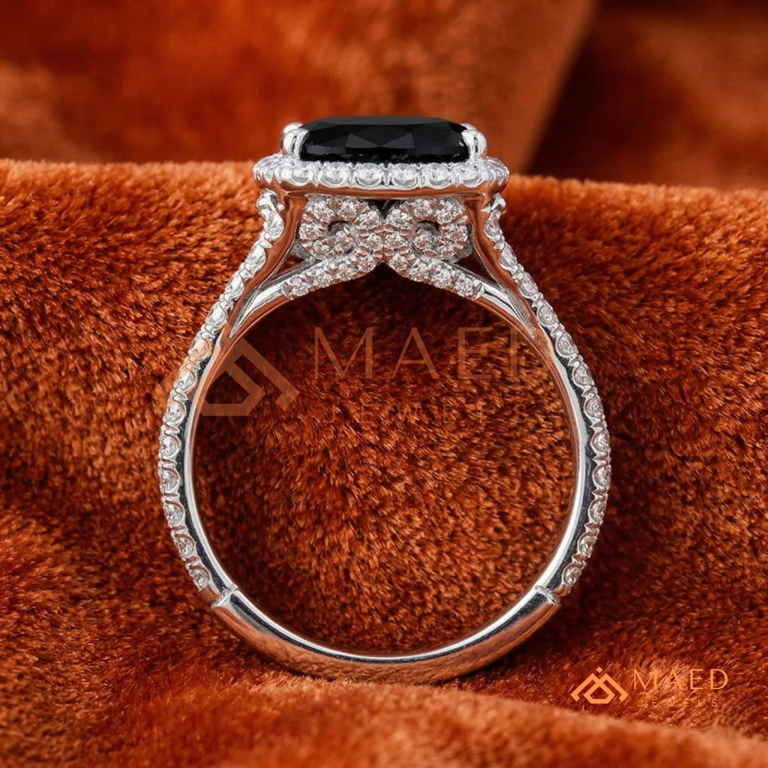 Gothic Luxury Black Spinel Split Shank Ring – Silver, 14K Yellow & Rose Gold